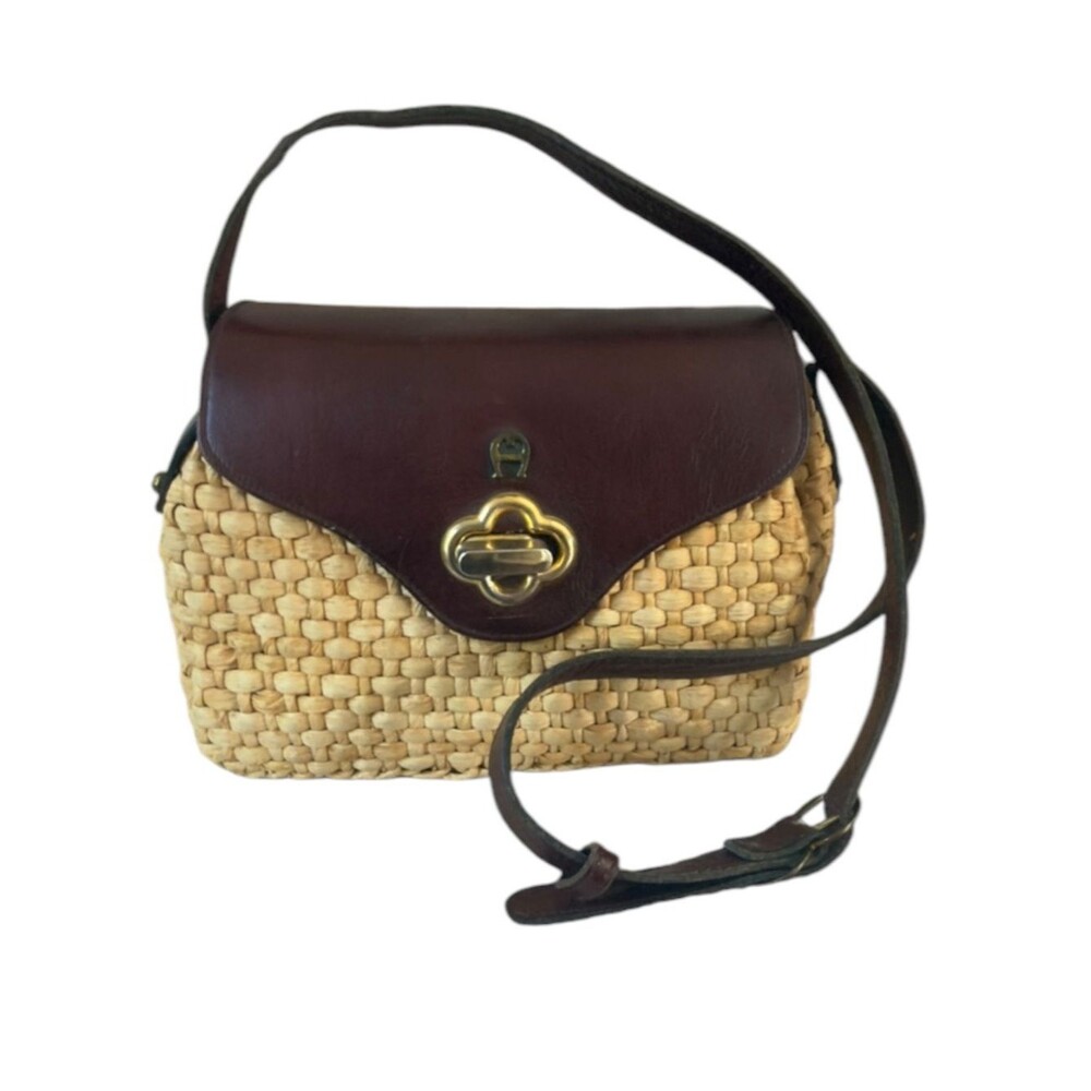 Etienne Aigner Vintage Woven Straw Crossbody Flap Bag Purse Oxblood Burgundy.